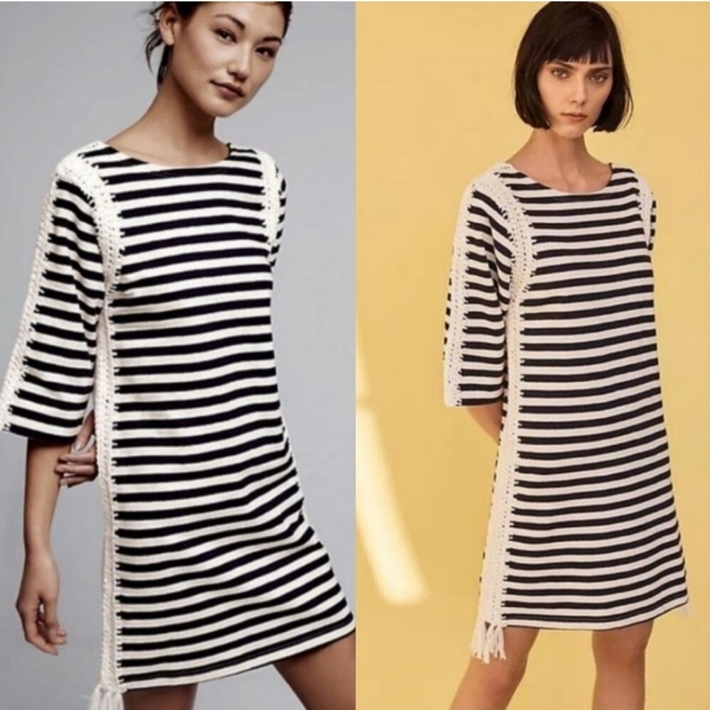 ANTHROPOLOGIE PEPIN Navy & White Nautical Striped Dress with Crochet Fri…